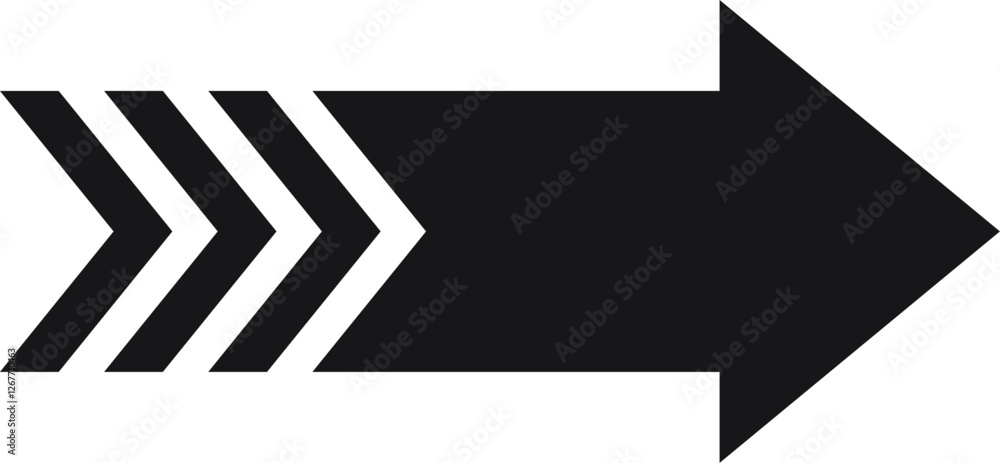 Poster simple black arrow pointing to the right with a triple chevron pattern on the left side, isolated ve