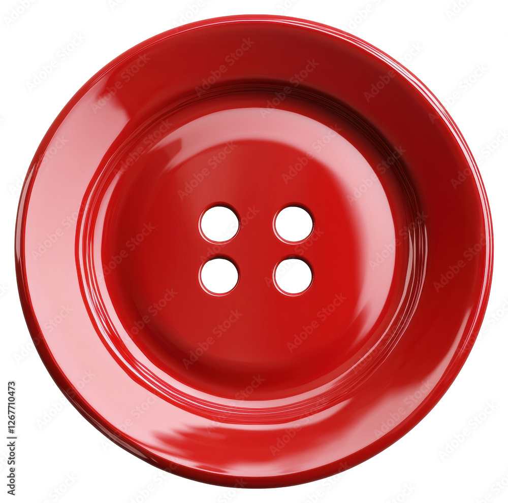 Poster macro shot of a shiny red plastic button with four holes and transparent background