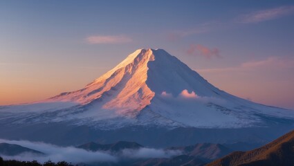 Fototapeta premium Snow-capped mountain peak during sunrise with clouds in the foreground and clear blue sky background Copy Space