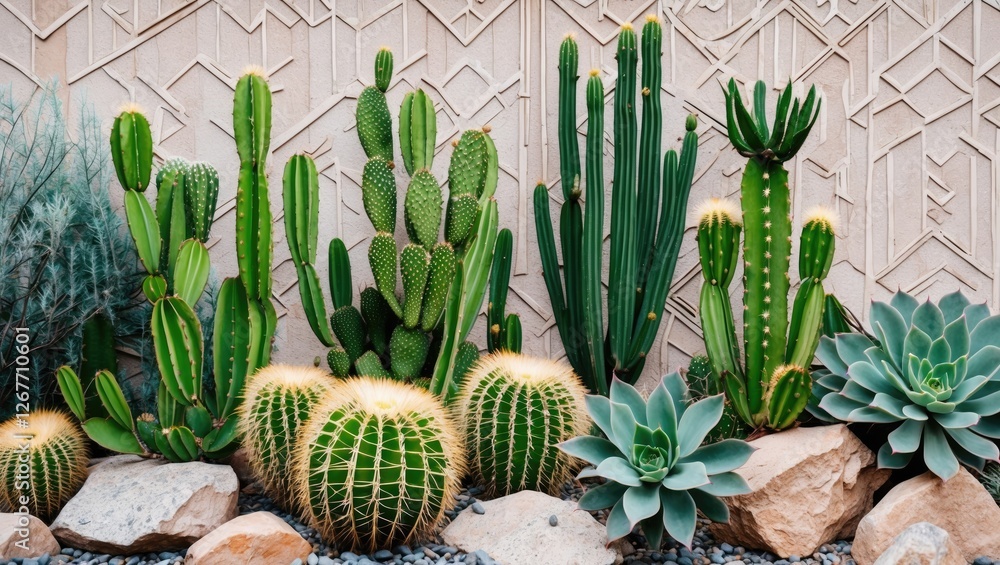 Poster cacti and succulent plants arranged in front of textured wall with decorative patterns featuring roc