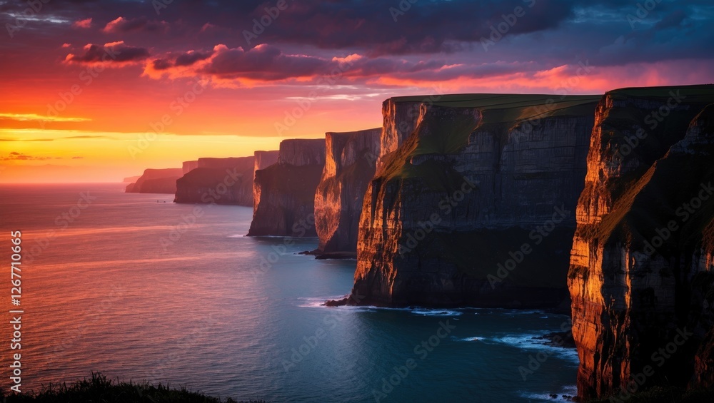 Poster cliffs along coastline during sunset with vibrant sky and ocean reflection. copy space available for