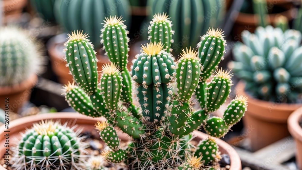 Aufkleber cactus plants in pots with distinct shapes and spines showcasing biodiversity and texture in a green