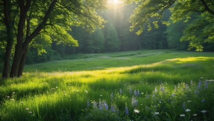 Sunlit Meadow in Forest with Green Grass and Wildflowers During Daylight Natural Scenic Landscape Copy Space