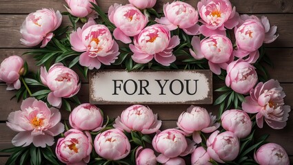 Pink peony flowers arranged around a sign with the text For You on a wooden background with a rustic feel Copy Space