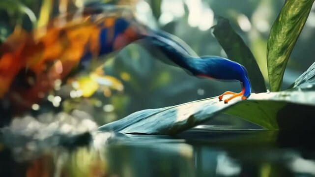 Scene of a frog on a leaf jumping into the water, smooth repetitive motion for background video animation