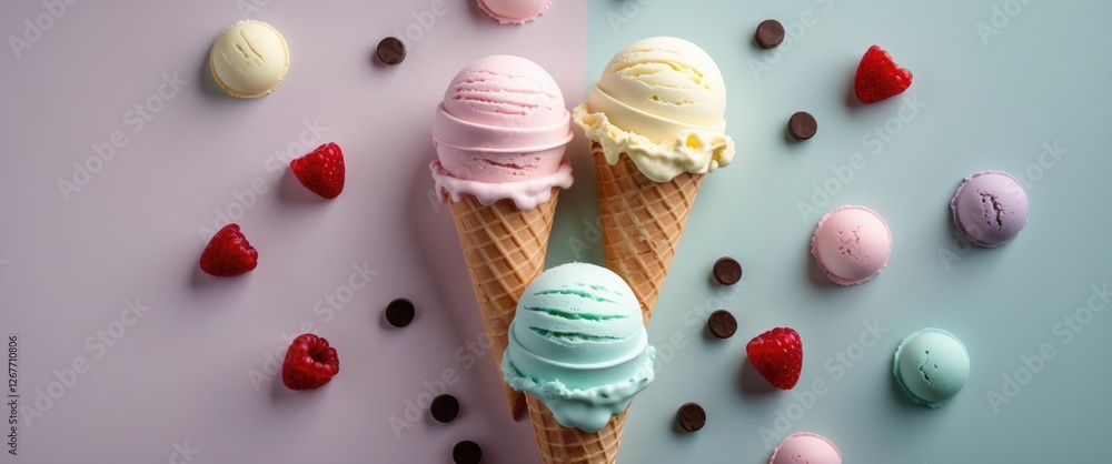 Poster three colorful ice cream cones on a two-tone background with raspberries and chocolate pieces scatte