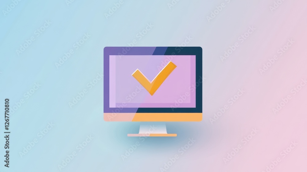 Poster flat design computer screen with checkmark, soft gradient background, digital confirmation