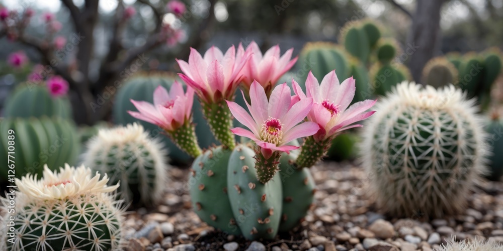 Poster cactus garden with pink flowers in bloom surrounded by various types of cacti and pebbles with blurr