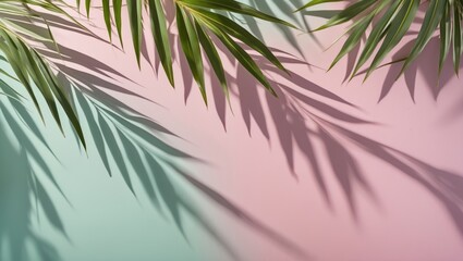 Tropical palm leaves casting shadows on a pastel pink and green background with ample copy space for text placement