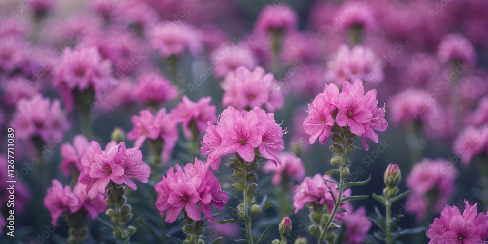 Aufkleber pink blooming flowers in a garden setting with soft focus background and copy space for text placeme