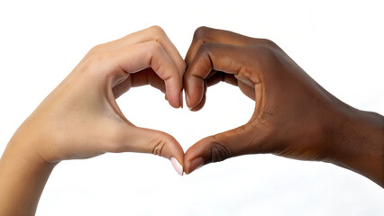 Close-up of diverse hands creating a heart shape, symbolizing unity, love, and equality on a clean white background

