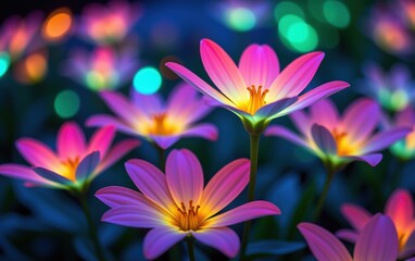 Fototapeta premium A stunning close-up of vibrant, glowing flowers in full bloom, illuminated with soft golden light. 