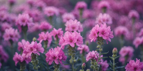 Pink blooming flowers in a garden setting with soft focus background and Copy Space for text placement