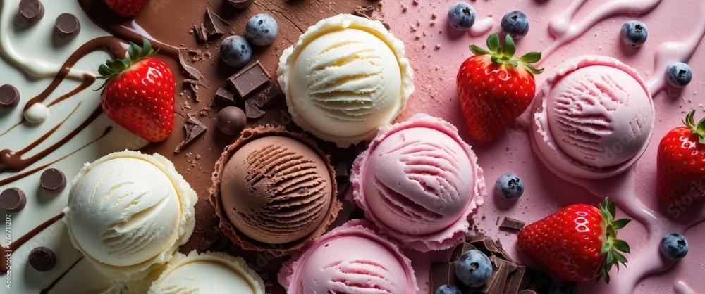 Poster assorted ice cream scoops with strawberries and chocolate pieces arranged on a colorful background w