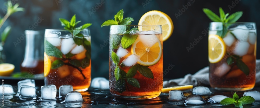 Poster refreshing iced tea with lemon and mint in glasses with ice cubes on dark background with copy space