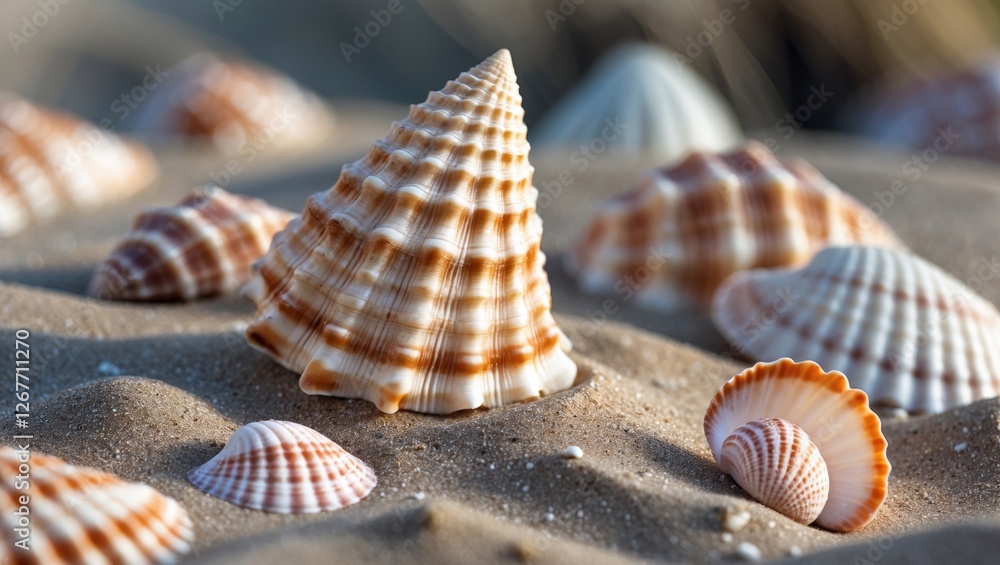 Poster collection of various seashells on sandy beach surface with intricate patterns and textures showcasi