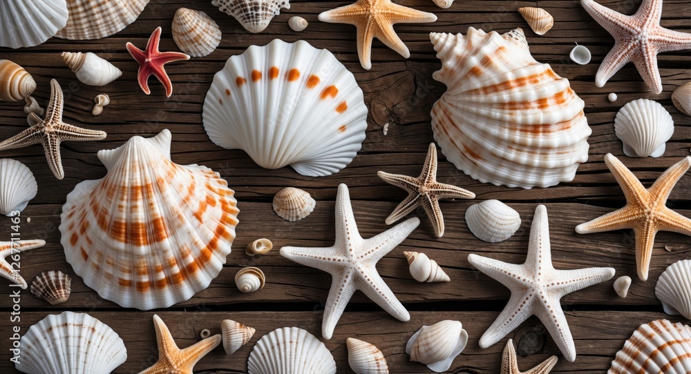 Poster collection of various seashells and starfish on a rustic wooden surface with natural textures and pa