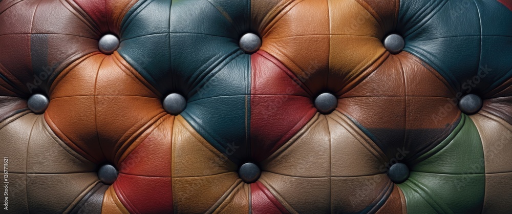 Poster textured multicolored leather upholstery with button tufting and visible seams suitable for backgrou