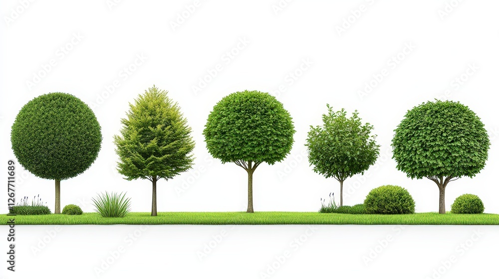 Poster a row of lush green trees with varying shapes and sizes