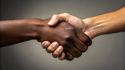 Fototapeta premium Interracial handshake between two individuals, representing diversity, teamwork, and partnership on a neutral background