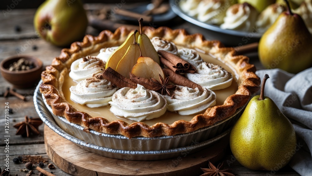 Poster pear pie with creamy topping garnished with pear slices and spices on a rustic wooden table with fre