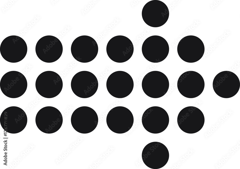 Poster black dots forming an arrow pointing right on a white background, representing direction, progress, 