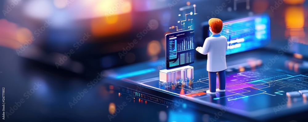 Poster a futuristic scene depicting a scientist interacting with digital data on a holographic interface, e