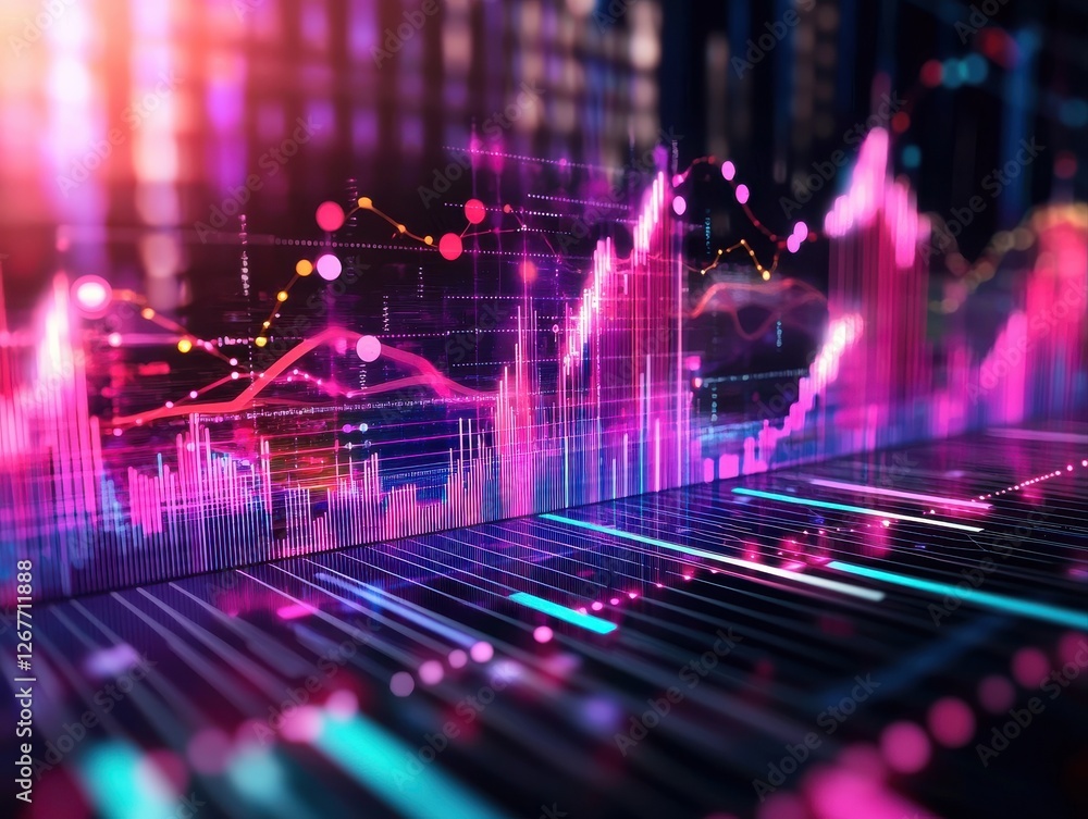 Poster a vibrant digital visualization of financial data, showcasing dynamic graphs and colorful lines repr
