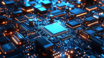 Futuristic Microchip with Glowing Blue Circuits, Advanced Technology, Cyberpunk Aesthetic, 8K Ultra Detail, HD 4K Image Download