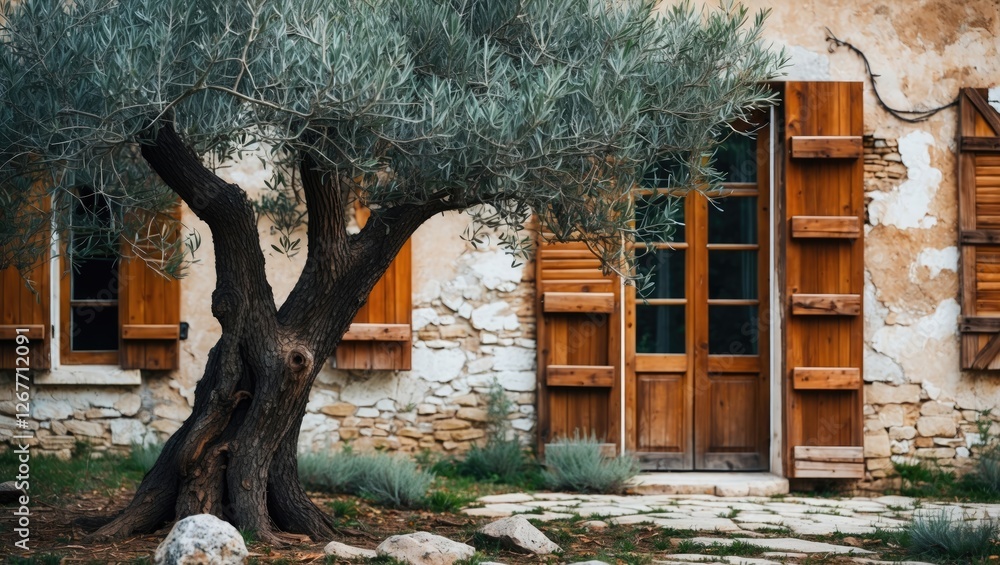 Poster olive tree in front of rustic house with wooden shutters and stone wall surrounded by greenery and p