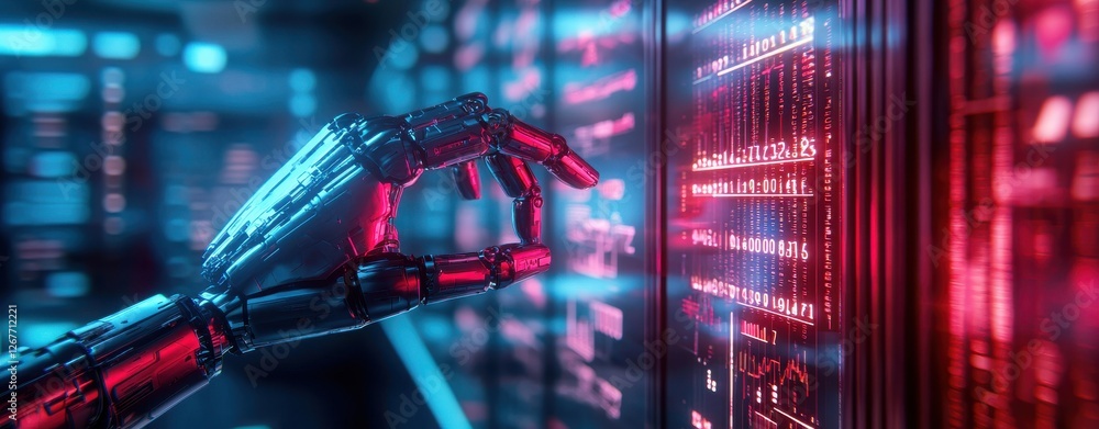 Poster a robotic hand interacts with glowing data servers, showcasing a blend of technology and digital inn
