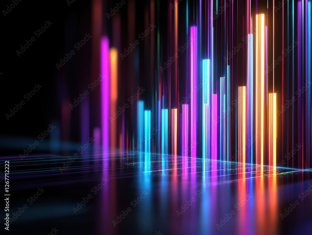 Poster a vibrant display of colorful vertical bars emanating light, suggesting a dynamic digital or audio v