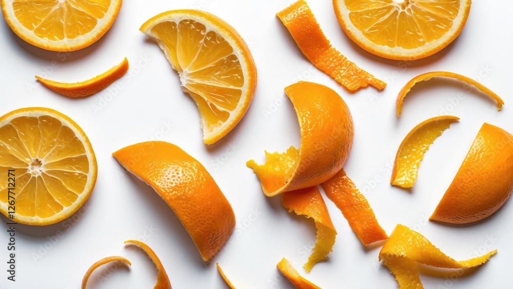 Poster sliced oranges and peels arranged on a white background with ample copy space for text placement