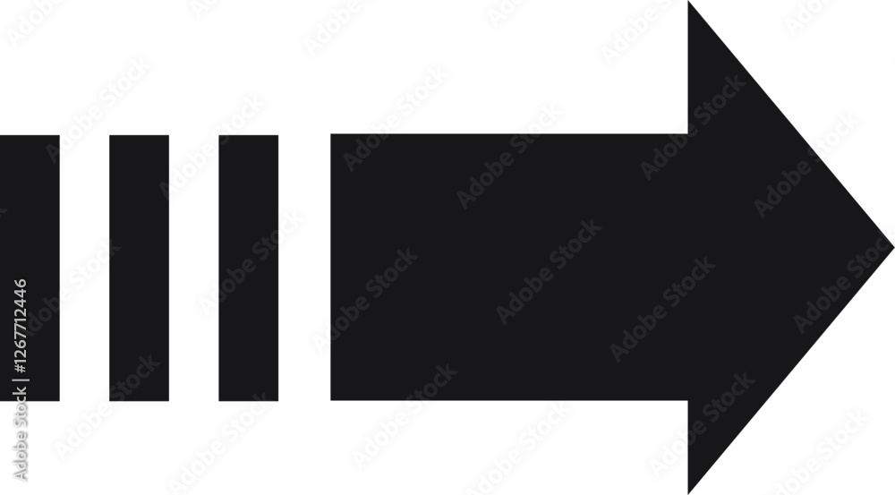 Poster minimalist black arrow pointing right, accompanied by three vertical lines on the left, representing
