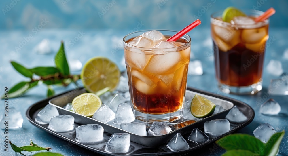 Poster iced beverages on a serving tray with lime slices and ice cubes, refreshing drink concept with copy 
