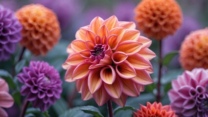 Dahlia flowers in a garden with vibrant orange and purple blooms showcasing intricate petal designs and lush green foliage Copy Space
