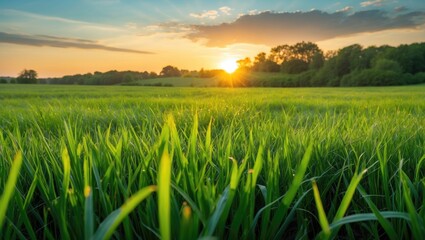 Green grass field at sunset with vibrant clouds and distant trees illuminated by warm sunlight Copy Space
