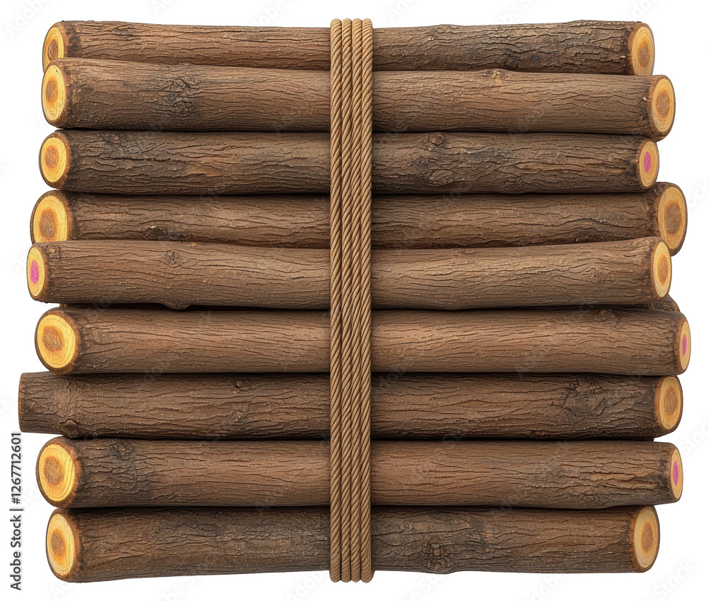 Poster neatly stacked brown firewood logs securely bound with rustic brown rope on transparent backdrop