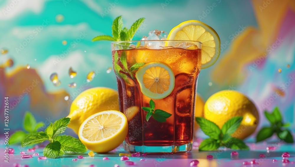 Poster refreshing iced tea beverage with lemon slices and mint garnish on colorful background with lemons a