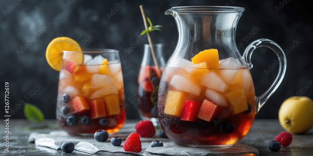 Poster Fresh fruit punch in a glass and pitcher with ice cubes on a dark background with copy space for text