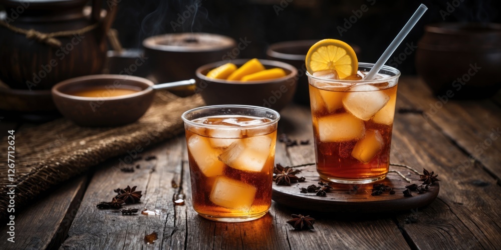 Poster iced tea drinks with lemon slices and ice cubes on wooden table with herbs and spices in rustic sett