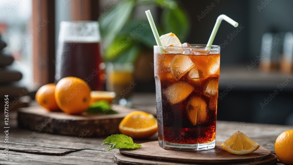 Poster iced beverage with lemon slices and orange on wooden table in cafe setting with blurred drinks in ba