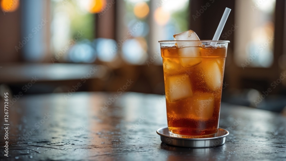 Poster iced beverage in a clear glass with ice cubes on a dark table with blurred background and soft ambie