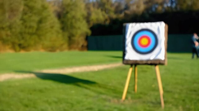 Adult man practicing archery outdoors