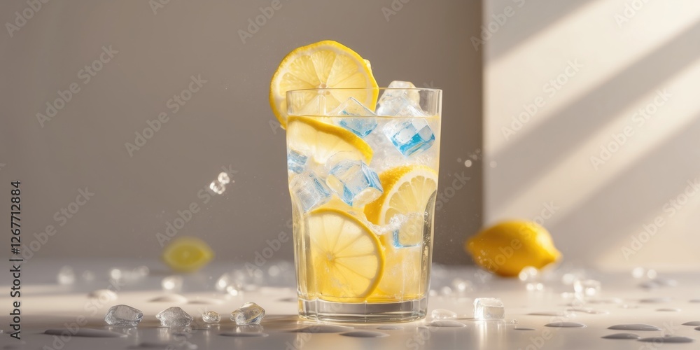 Poster fresh lemonade with ice cubes and lemon slices in a glass on a light background with soft shadows an