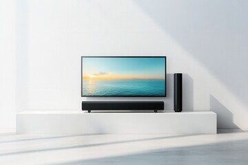 Fototapeta premium High-Tech Elegance: The black soundbar and TV are the focal point of a modern living room, with a futuristic, clean white background. 