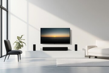 High-Tech Elegance: The black soundbar and TV are the focal point of a modern living room, with a futuristic, clean white background. 