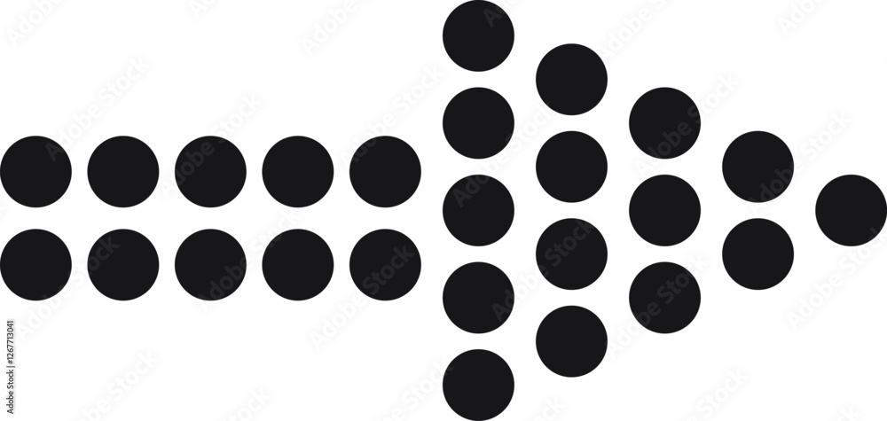 Poster simple black arrow pointing to the right made of aligned circles of different sizes over a white bac