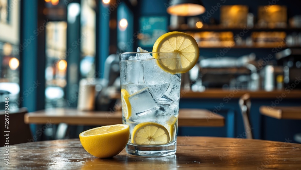 Poster refreshing lemon drink with ice in a clear glass on a wooden table in a cafe setting with blurred ba