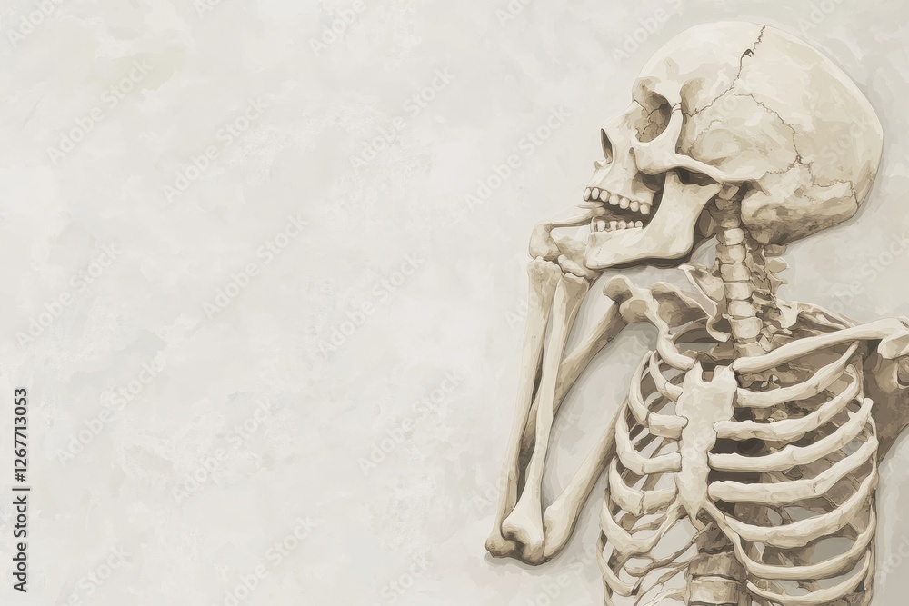 Aufkleber human skeleton model in a thoughtful pose against a neutral background showcasing anatomical feature